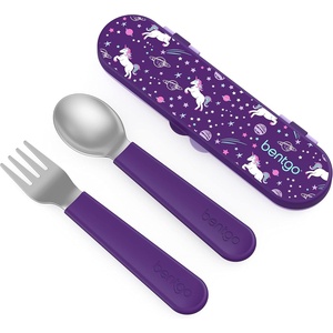 Bentgo Kids Stainless Steel Utensil Set – Reusable Fork, Spoon & Storage Case, PFAS- & BPA-Free, Easy-Grip Handles, Lightweight, Dishwasher Safe, School Lunch, Travel & Outdoors (Purple)(Unicorn)