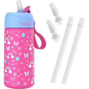 Bentgo Kids Stainless Steel Water Bottle and Replacement Straws Set (Rainbow & Butterflies)