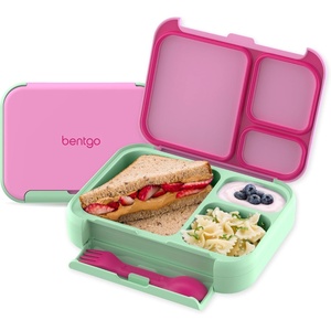 Bentgo Kids Stow & Go Lunch Box with Built-In Utensil, Leak-Proof Design, Removable Tray, Portion-Perfect Compartments for Kids and Teens (Navy Sky)(Strawberry)