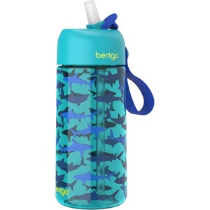 Bentgo Kids Water Bottle – Leak-Proof, Durable Tritan PFAS- & BPA-Free 15 fl oz, Kids/Toddlers Ages 3+ for School & Sports; Bite & Sip Spout, Carrying Handle, Dishwasher Safe (NEW Race Cars)(Shark)