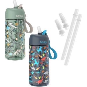 Bentgo® Kids Water Bottle 2-Pack – New & Improved 2023 Set With 2-Pack of Water Bottle Replacement Straws (Dinosaur/Dino Fossils)