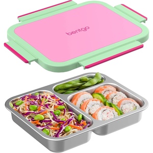 Bentgo Stainless Steel Lunch Box – Leak-Proof, 3 Compartments, 4.3-Cup Capacity, Ideal for Kids 3+, Teens & Adults, Durable, Reusable (Gray Leaf)(Strawberry)